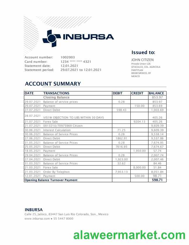 Mexico Inbursa Bank statement easy to fill template in Excel and PDF format